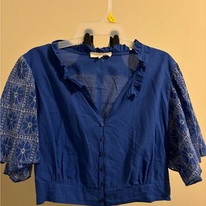 Blue Women's Top with Patterned Sleeves